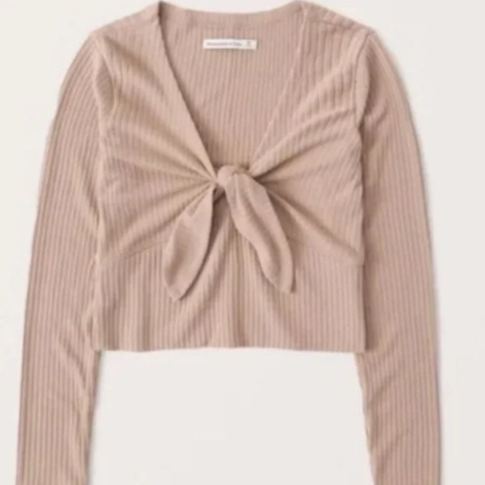 NWT A&F - Long Sleeve Ribbed Knot-Front Top - Light Brown